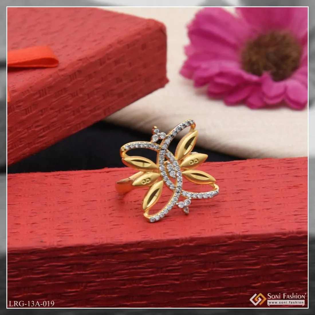 1 Gram Gold Plated Butterfly With Diamond Fashionable Ring For Ladies - Style Lrg-019