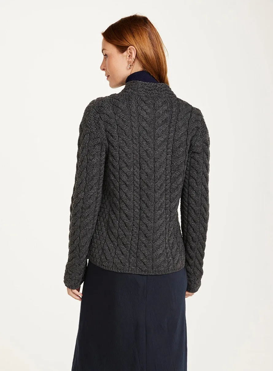 Aran - Asymmetrical Cardigan with Buttons - Charcoal