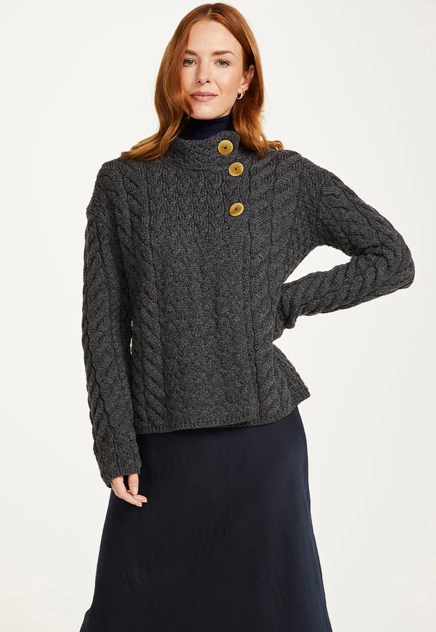 Aran - Asymmetrical Cardigan with Buttons - Charcoal