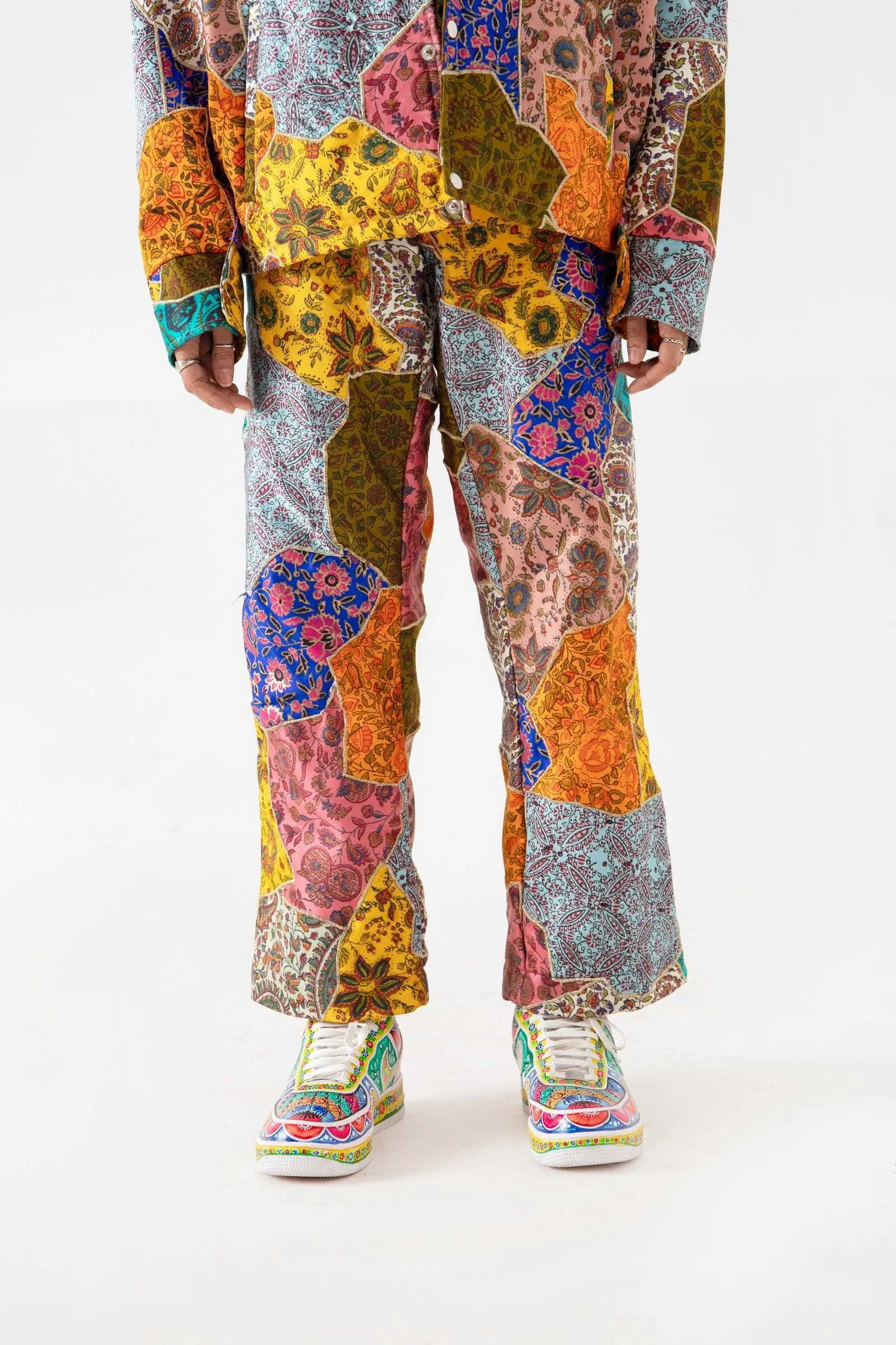 BLOCKPRINTED PATCHWORK SATIN TROUSERS