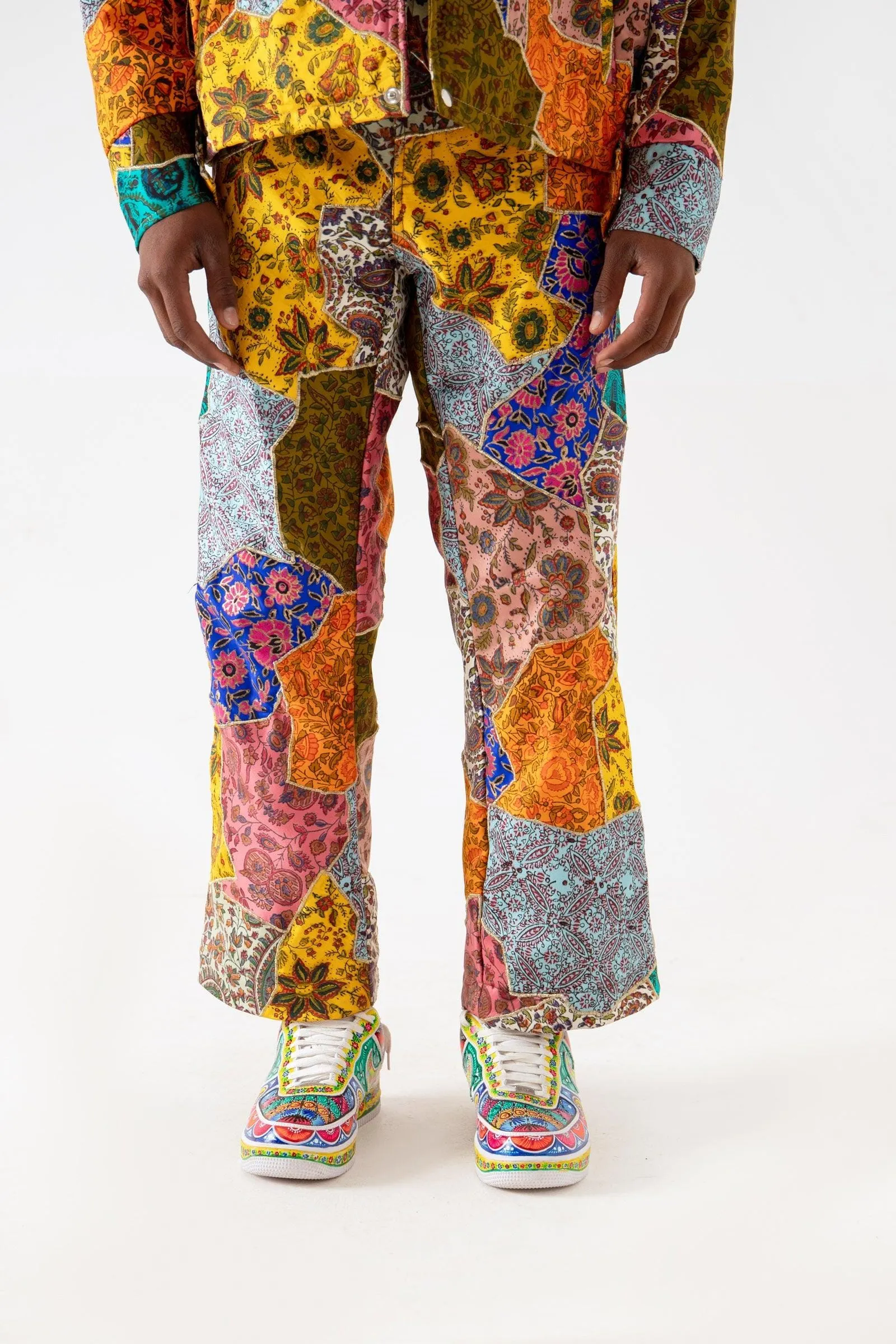 BLOCKPRINTED PATCHWORK SATIN TROUSERS