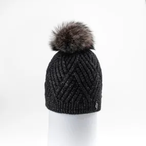 CHEVRON BEANIE WITH UPCYCLED FUR POM