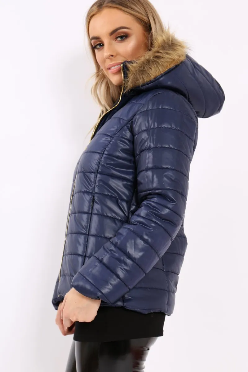 Navy Shiny Puffer Coat with Fur Hood - Idy