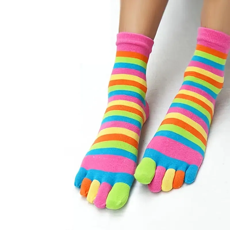 Rainbow Striped Pattern Toe Socks (Adult Medium - Women's Shoe Sizes 5-10) - Pink Accent