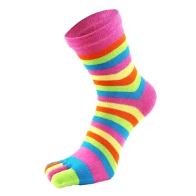 Rainbow Striped Pattern Toe Socks (Adult Medium - Women's Shoe Sizes 5-10) - Pink Accent