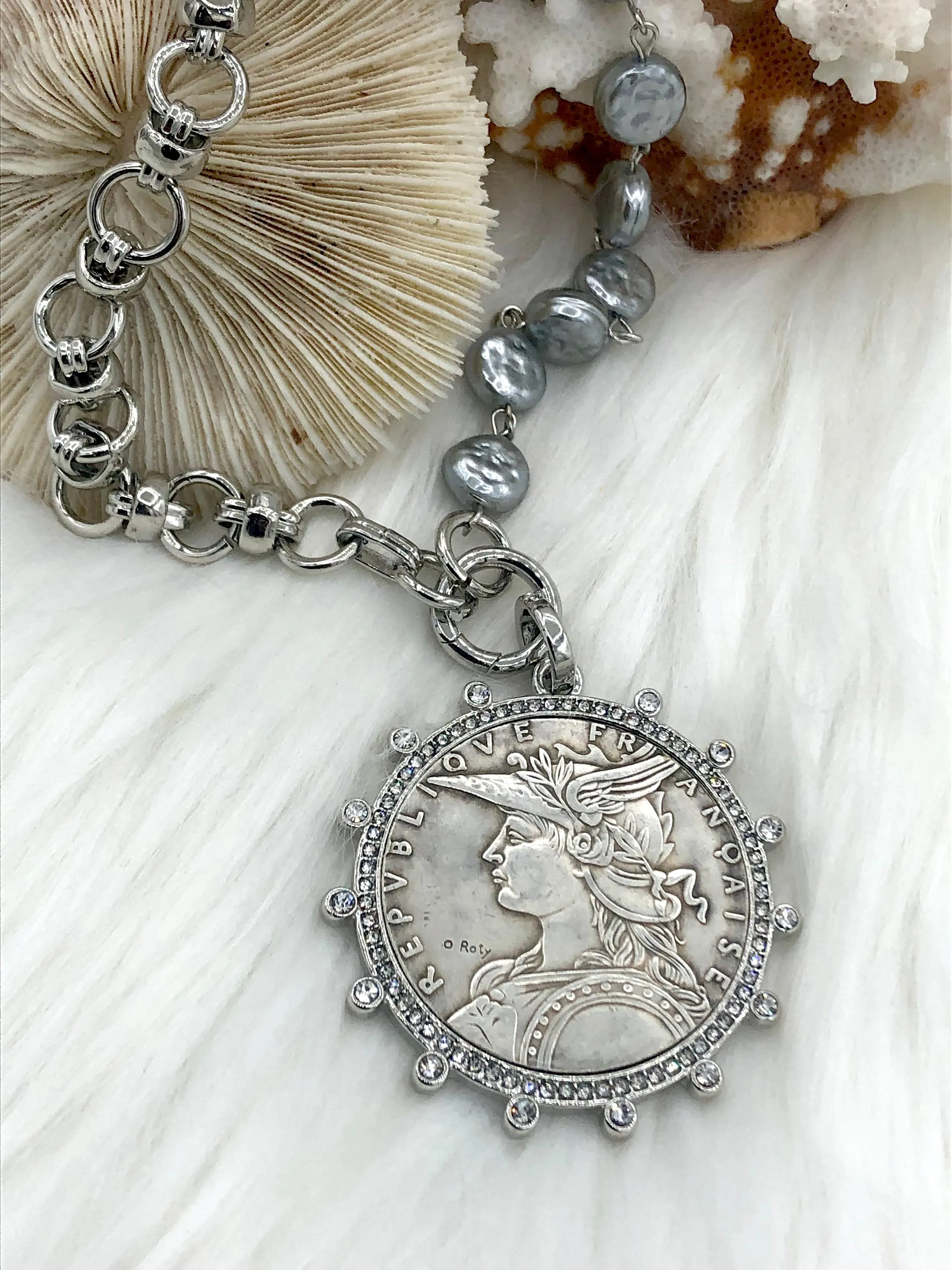 Reproduction French Madagascar Medal Coin Pendant, Coin Bezel, French coin, Art Deco Coin, Antique Coin Bezel W/Pearls & CZ. Fast Ship