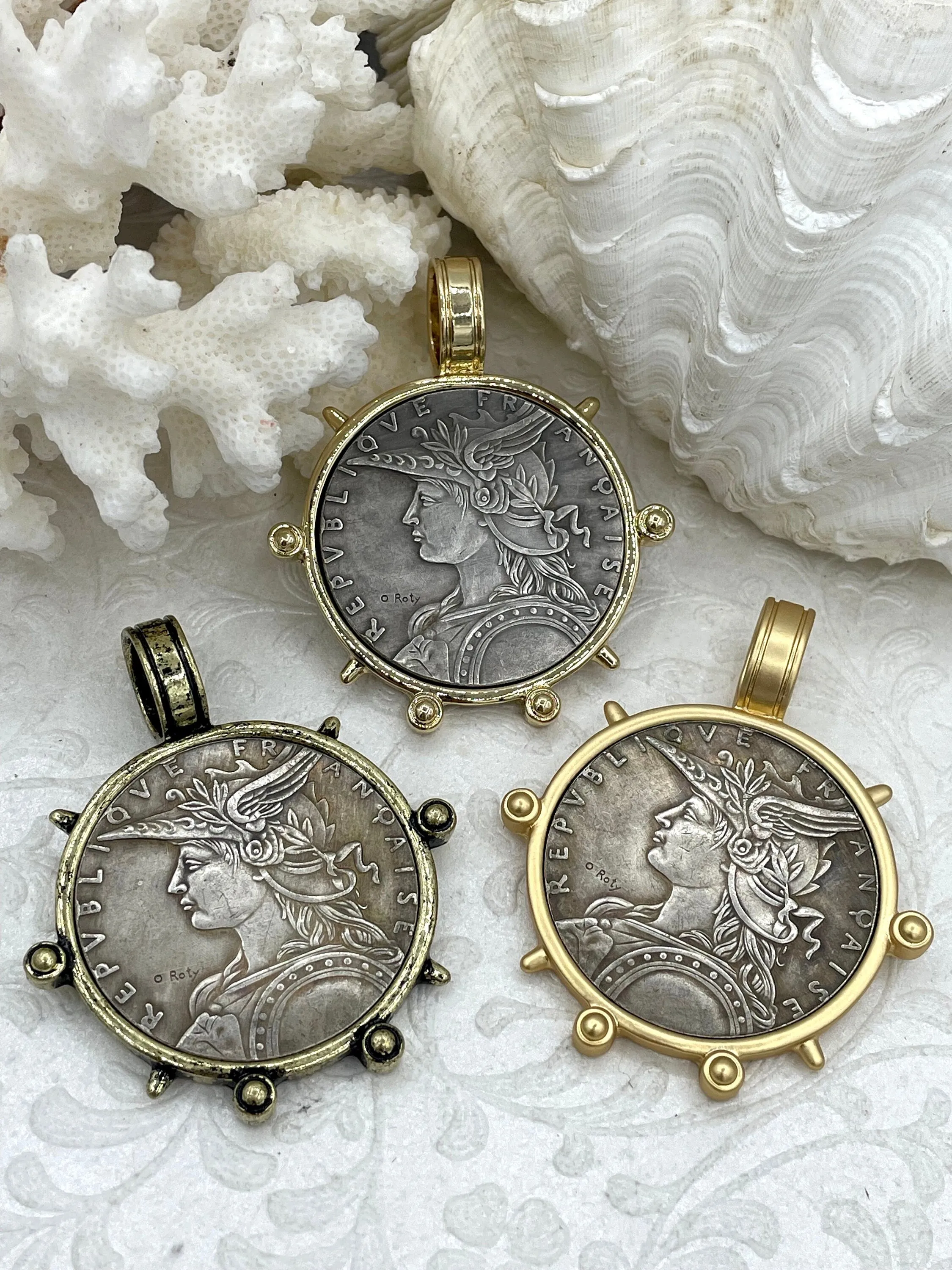 Reproduction French Madagascar Medal Coin Pendant, Coin Bezel, French coin, Art Deco Coin, Silver Coin, 5 bezel colors. Fast Ship