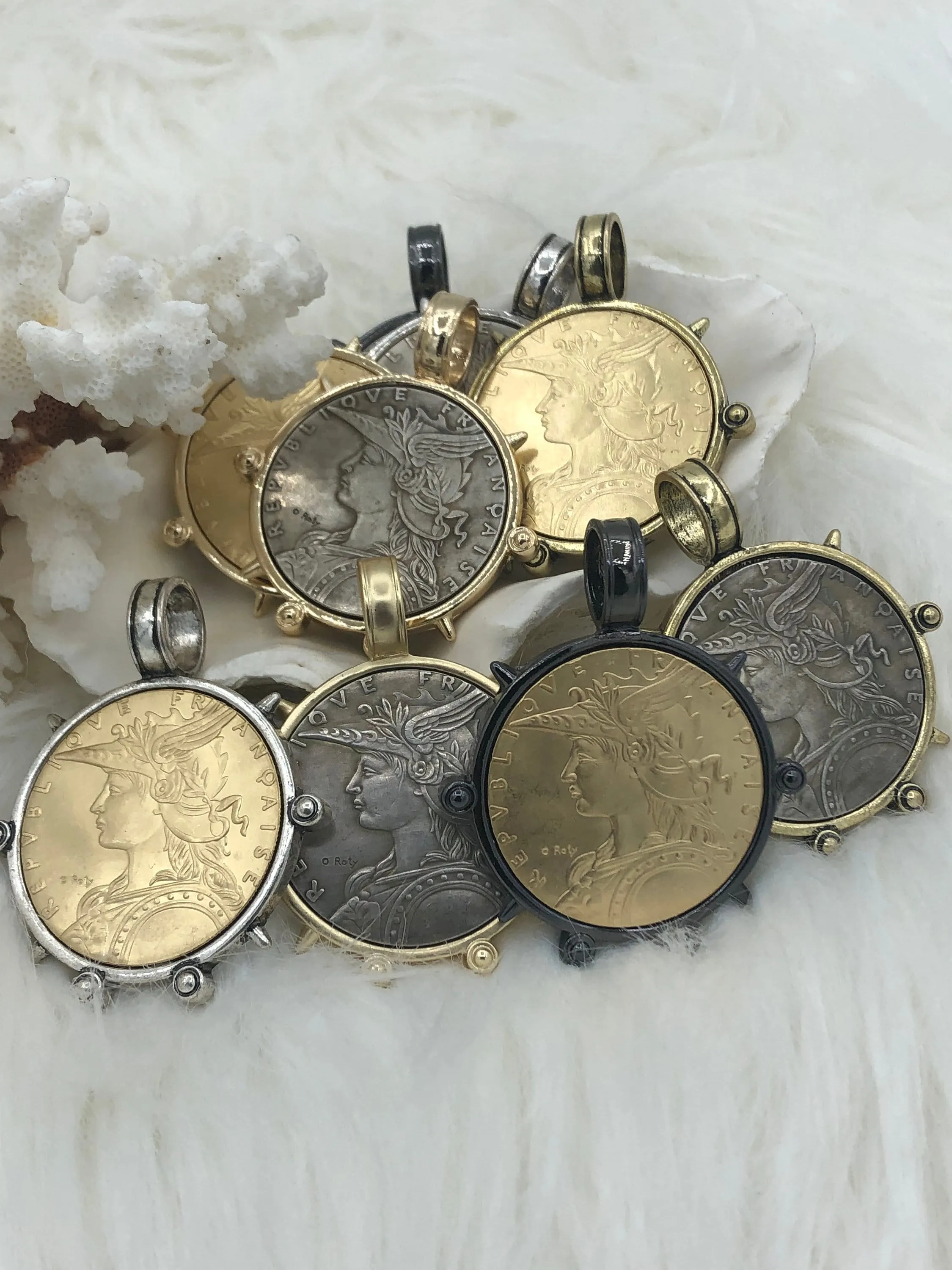 Reproduction French Madagascar Medal Coin Pendant, Coin Bezel, French coin, Art Deco Coin, Silver Coin, 5 bezel colors. Fast Ship