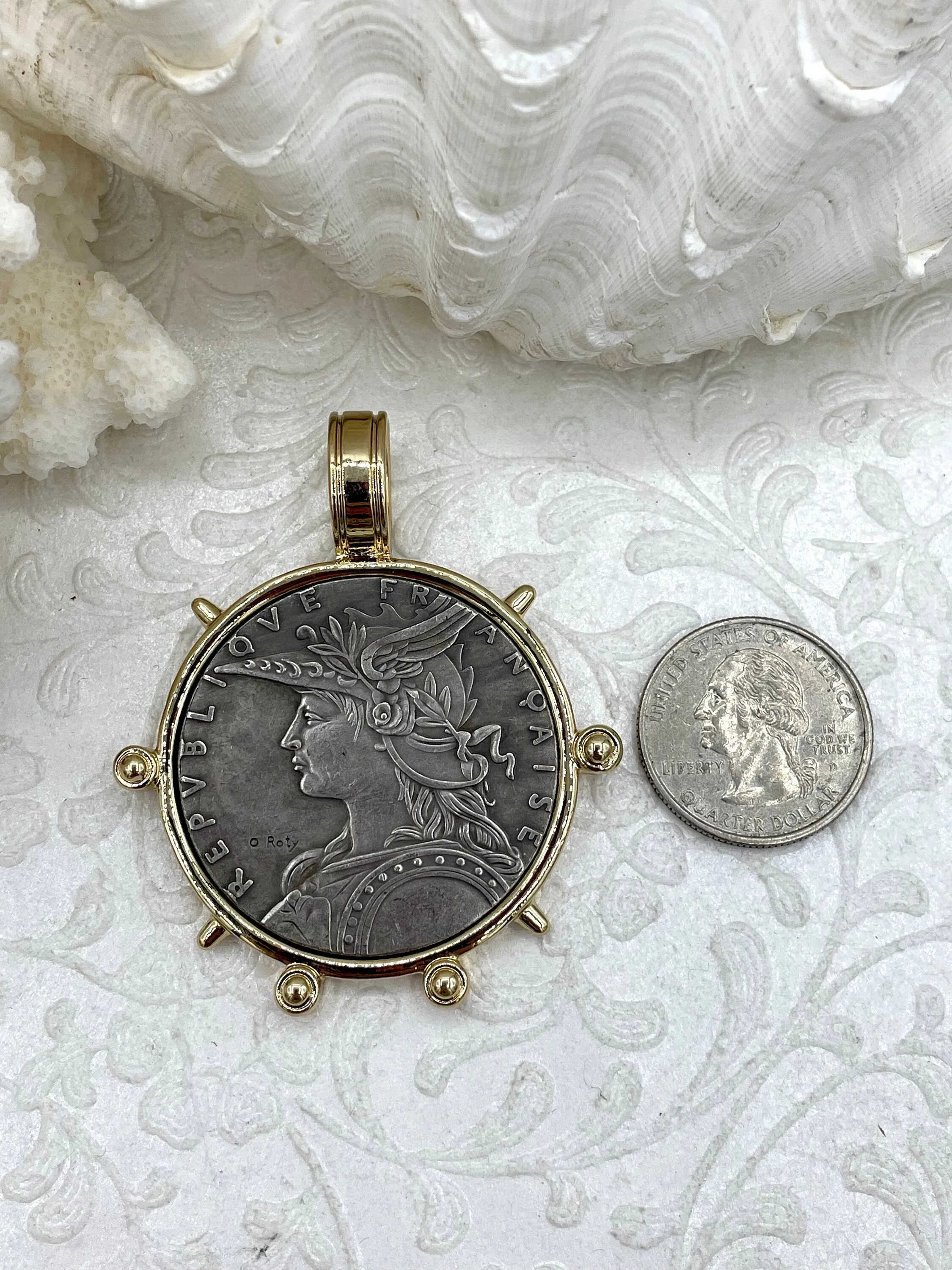 Reproduction French Madagascar Medal Coin Pendant, Coin Bezel, French coin, Art Deco Coin, Silver Coin, 5 bezel colors. Fast Ship