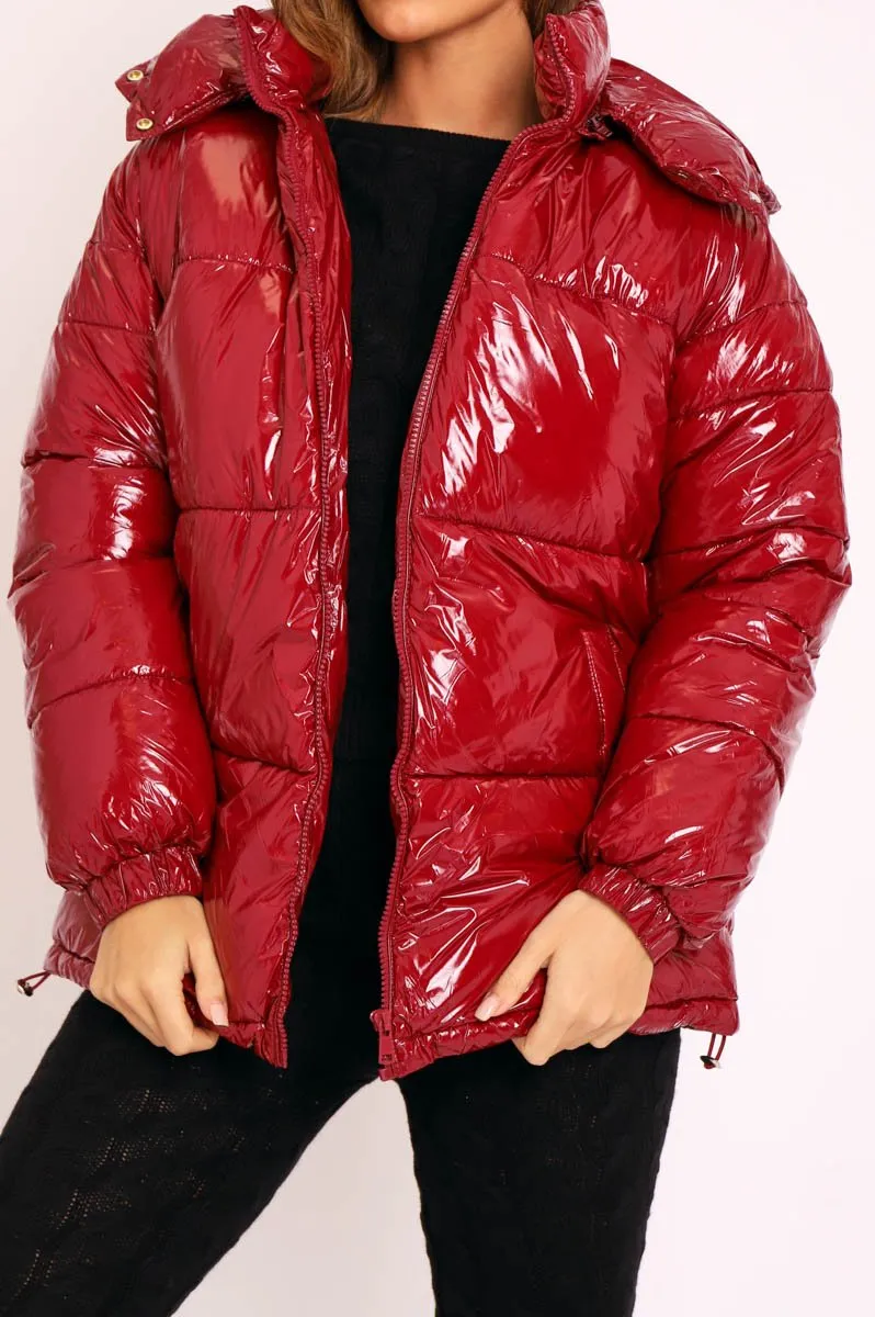 Wine Shiny Wet Look Chunky Hooded Puffer Coat - Syra