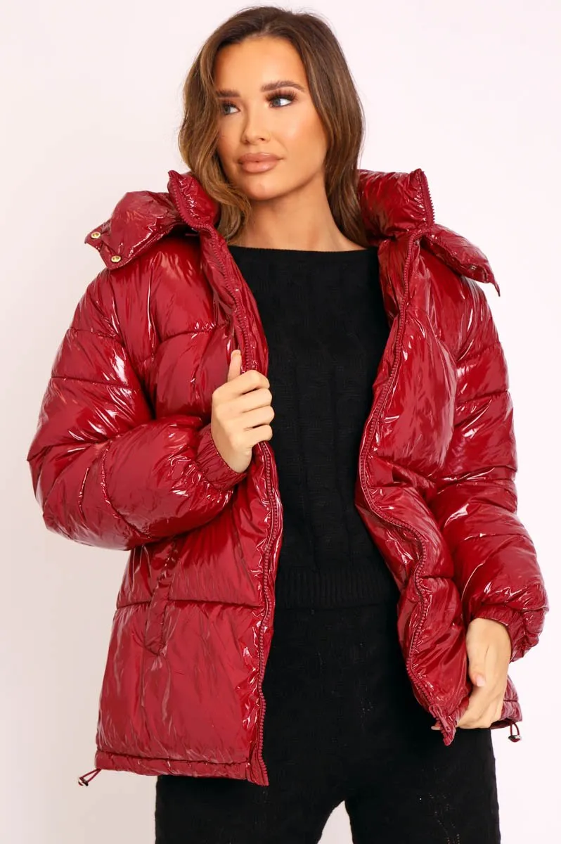 Wine Shiny Wet Look Chunky Hooded Puffer Coat - Syra