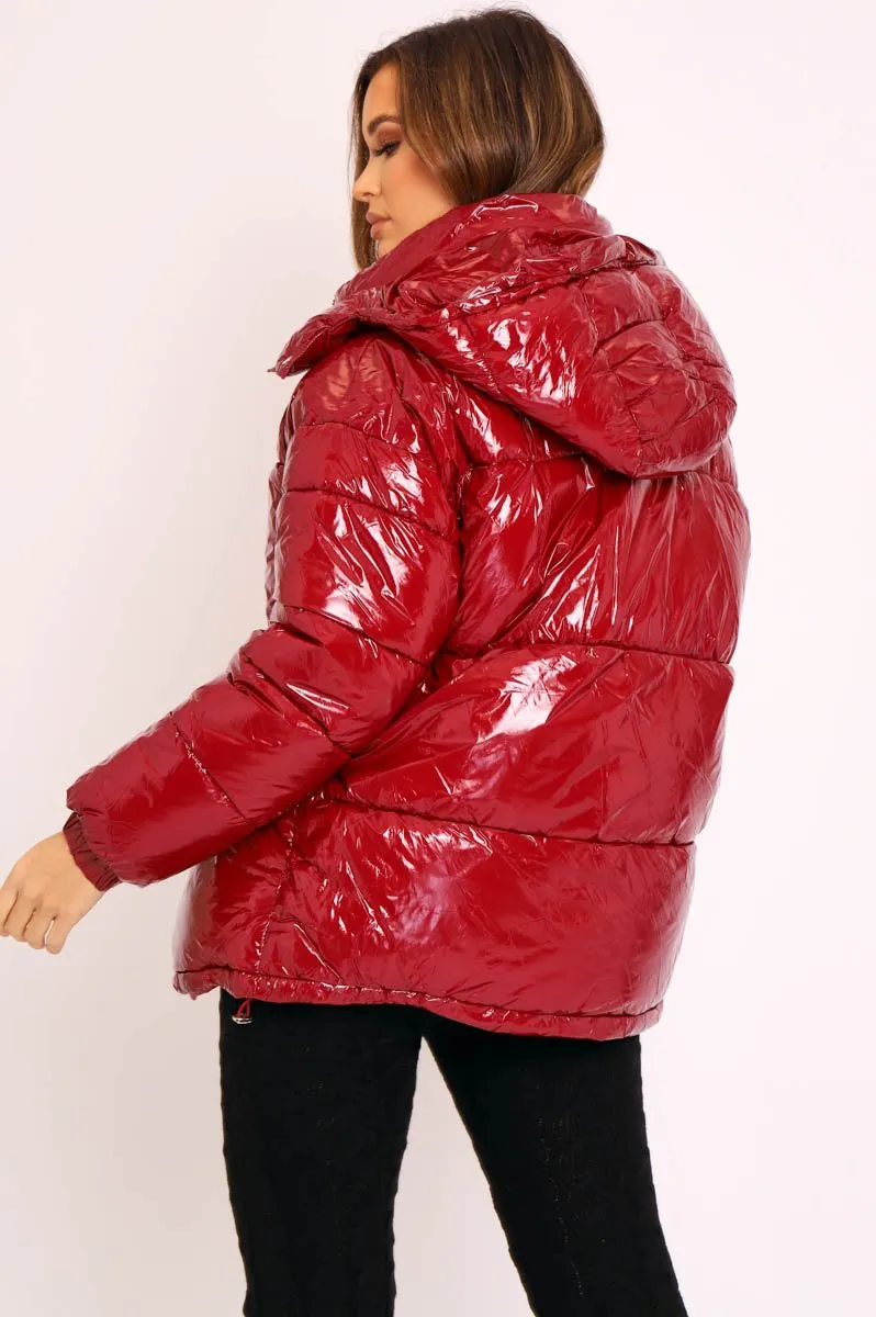 Wine Shiny Wet Look Chunky Hooded Puffer Coat - Syra